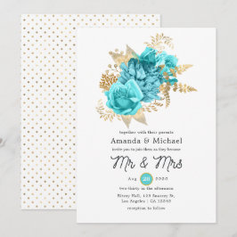Convite Casamento Floral Aqua e Dourado