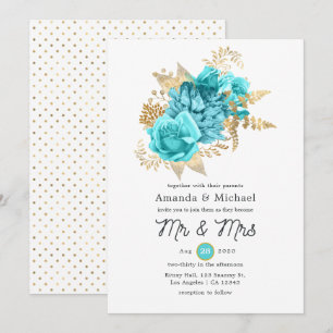Convite Casamento Floral Aqua e Dourado