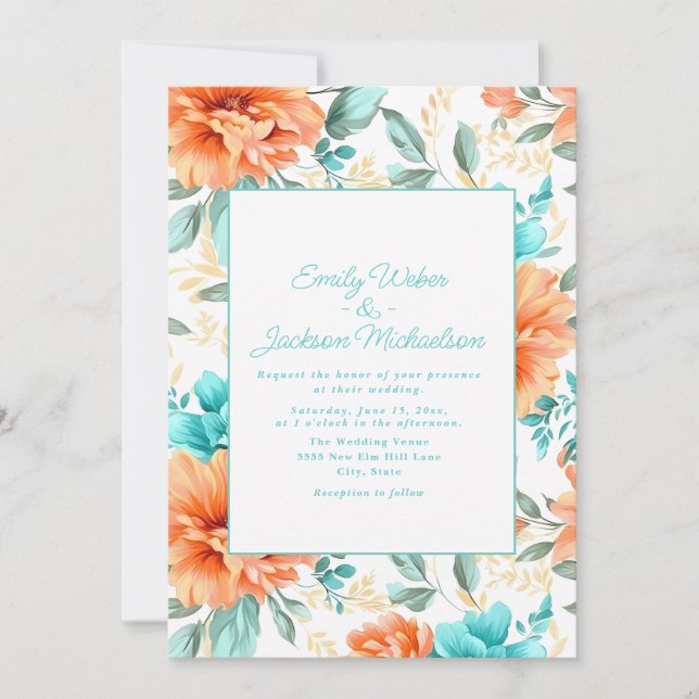 Convite Casamento Floral Aqua Peach Watercolor (Frente)