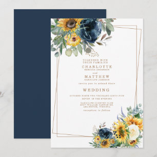 Convite Casamento Floral Aquarela Azul e Amarelo II
