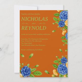 Convite Casamento Floral Aquarela Azul e Laranja Queimada