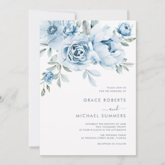 Convite Casamento Floral Aquarela Azul Empoeirado