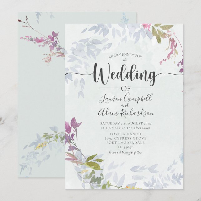 Convite Casamento Floral Aquarela Azul Empoeirado Rústico (Frente/Verso)