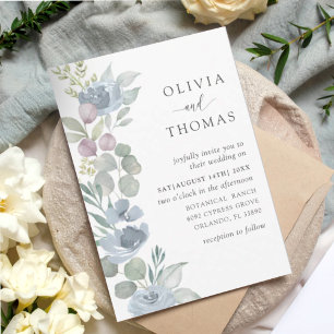 Convite Casamento Floral Aquarela Azul Empoeirado Rústico