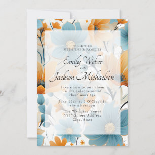 Convite Casamento Floral Aquarela Azul Pêssego