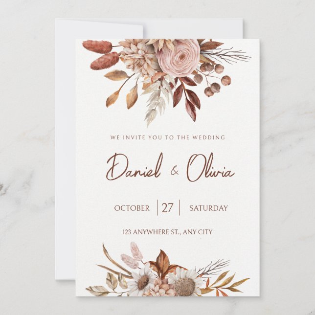 Convite Casamento Floral Aquarela Boho Neutro Rústico (Frente)