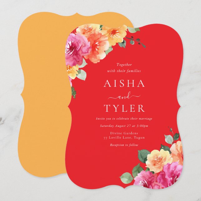 Convite Casamento Floral Aquarela Brilho Vibrante (Frente/Verso)