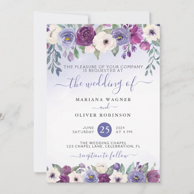 Convite Casamento Floral Aquarela com Bege Fuchsia e Viole (Frente)