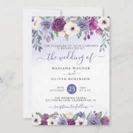 Convite Casamento Floral Aquarela com Bege Fuchsia e Viole