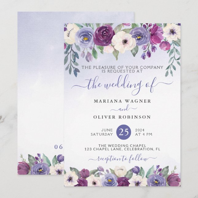 Convite Casamento Floral Aquarela com Periwinkle Fuchsia B (Frente/Verso)