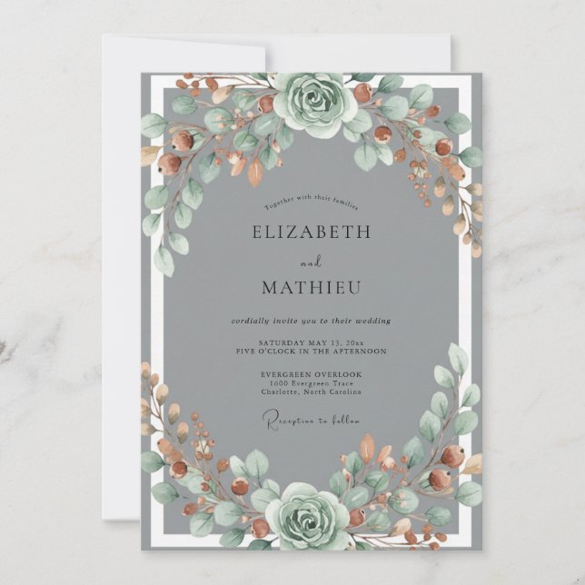 Convite Casamento Floral Aquarela Copper Sage (Frente)