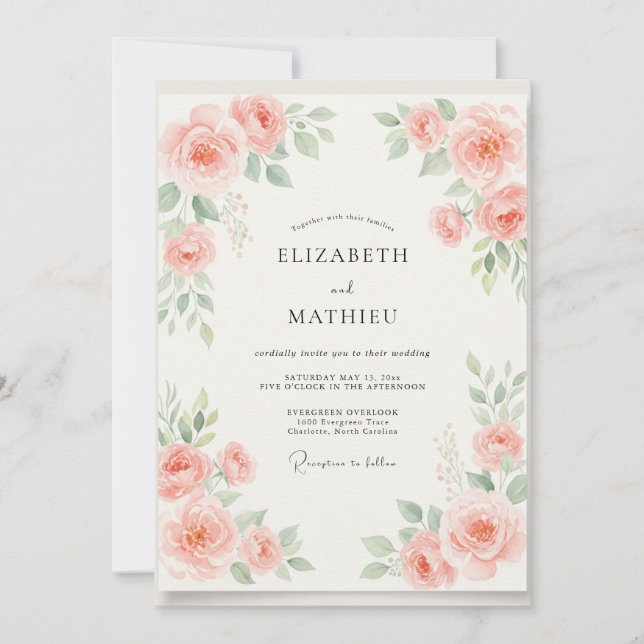 Convite Casamento Floral Aquarela Coral (Frente)