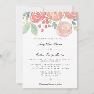 Convite Casamento Floral Aquarela Coral Rosado