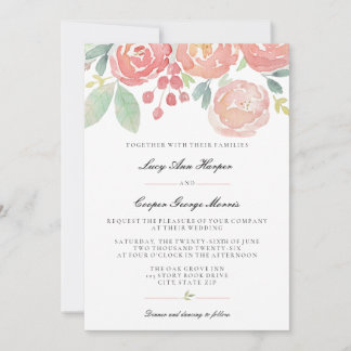 Convite Casamento Floral Aquarela Coral Rosado