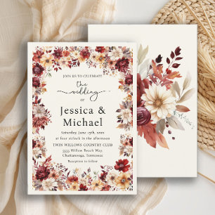 Convite Casamento Floral Aquarela Creme Borgonha Romântico