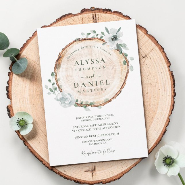 Convite Casamento Floral Aquarela de Sabugueiro com Corte  (Boho watercolor florals with rustic wood cut slice wedding invitation.)
