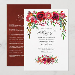 Convite Casamento Floral Aquarela em Borgonha e Rosa