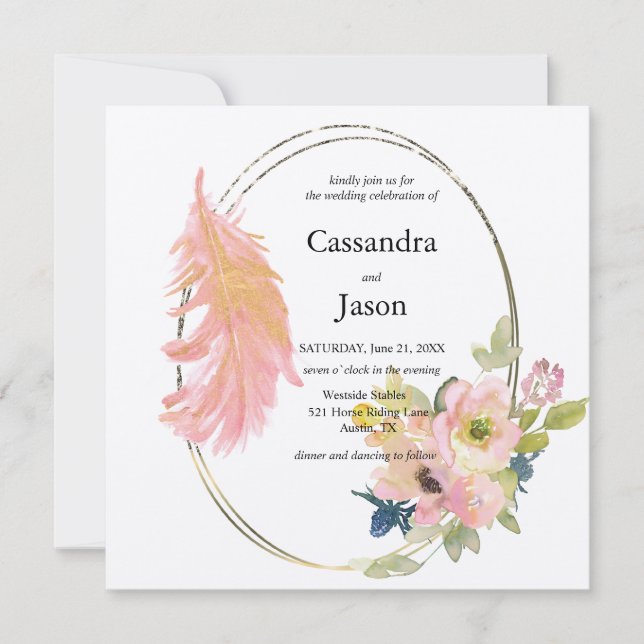 Convite Casamento Floral Aquarela Geométrica (Frente)