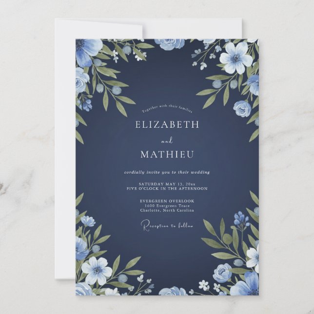 Convite Casamento Floral Aquarela Índigo (Frente)