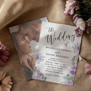 Convite Casamento Floral Aquarela Lilás Roxo Rústico