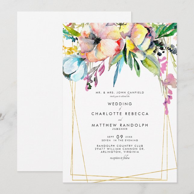Convite Casamento Floral Aquarela Multicolor (Frente/Verso)