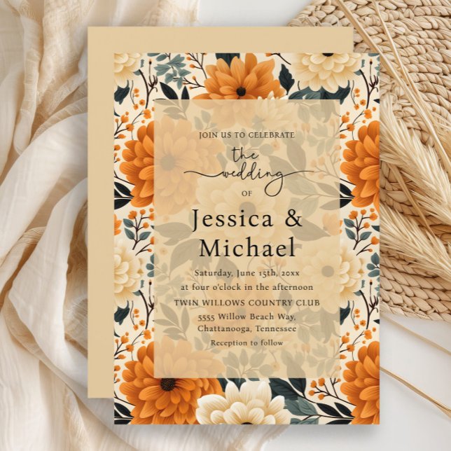 Convite Casamento Floral Aquarela Outono Boho Chic Rústico (Burnt orange and cream watercolor floral wedding invitation)