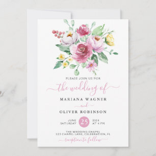 Convite Casamento Floral Aquarela Rosa Amarelo