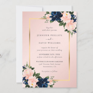 Convite Casamento Floral Aquarela Rosa Azul Marinho Dourad