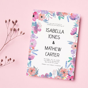 Convite Casamento Floral Aquarela Rosa Coral Azul Lavanda