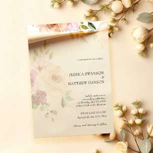 Convite Casamento Floral Aquarela Rosas Bege Boêmio