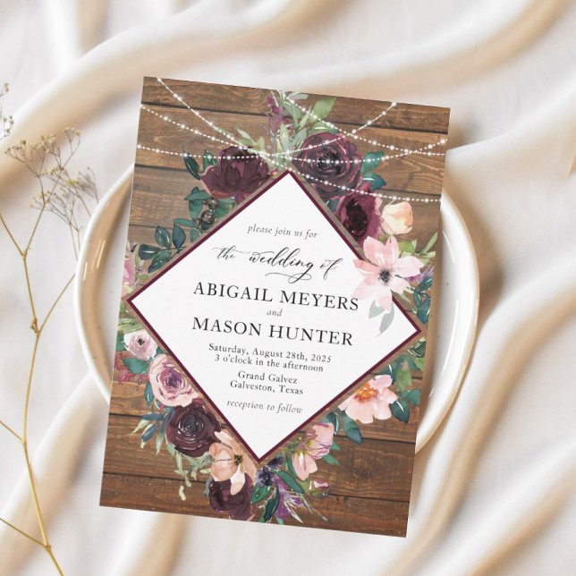 Convite Casamento Floral Aquarela Rústica em Borgonha (Criador carregado)