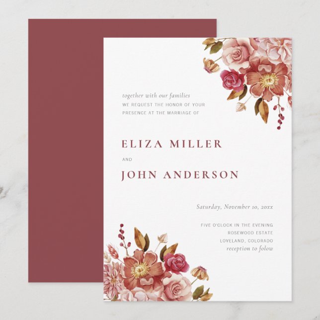 Convite Casamento Floral Aquarela Rústico Moderno Marsala (Frente/Verso)