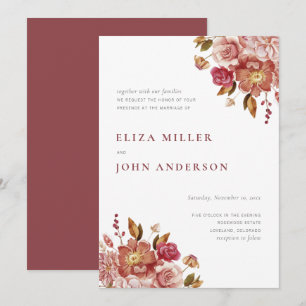 Convite Casamento Floral Aquarela Rústico Moderno Marsala