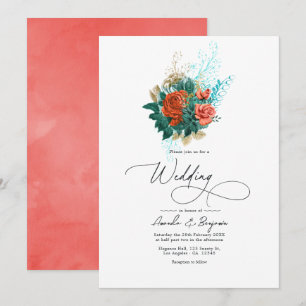 Convite Casamento Floral Aquarela Turquesa e Coral