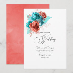 Convite Casamento Floral Aquarela Turquesa e Coral