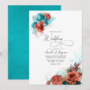 Convite Casamento Floral Aquarela Turquesa e Coral