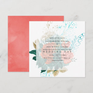 Convite Casamento Floral Aquarela Turquesa e Coral