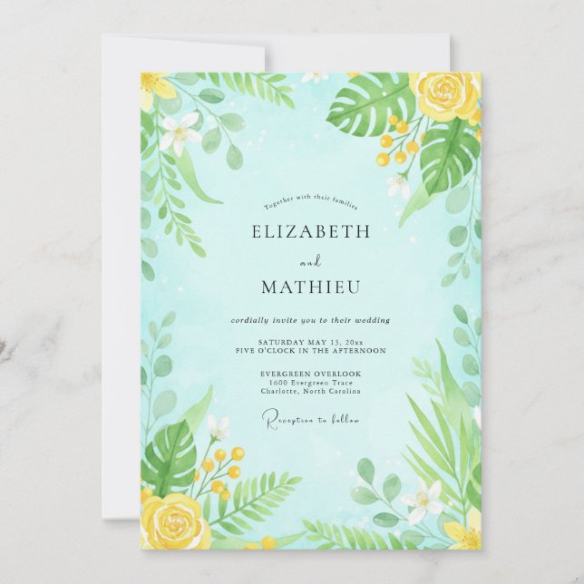 Convite Casamento Floral Aquarela Verde-Menta (Frente)