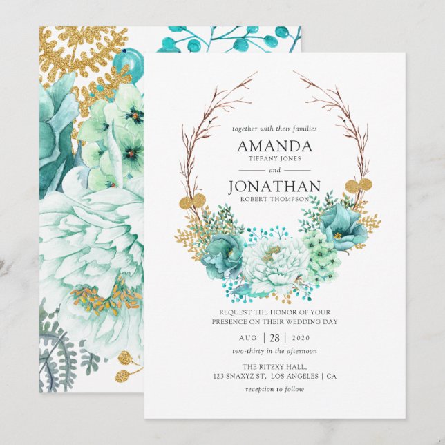 Convite Casamento Floral Aquarela Verde-Menta (Frente/Verso)