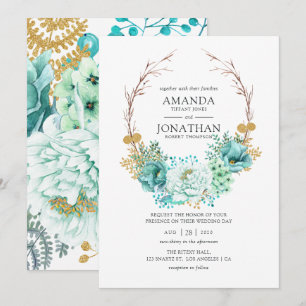Convite Casamento Floral Aquarela Verde-Menta