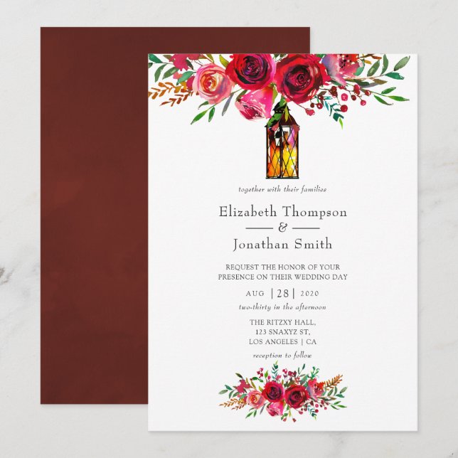 Convite Casamento Floral Aquarela Vermelho Borgonha Rústic (Frente/Verso)