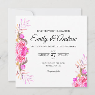 Convite Casamento Floral Aquarelado de Rosa Rosa na Primav