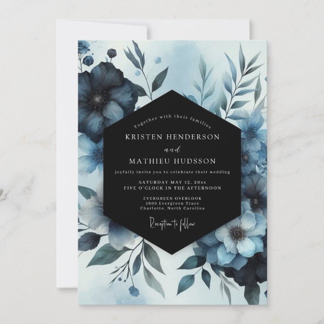 Convite Casamento Floral Aquático Índigo (Frente)