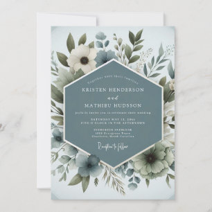 Convite Casamento Floral Aquoso Azul Ardósia