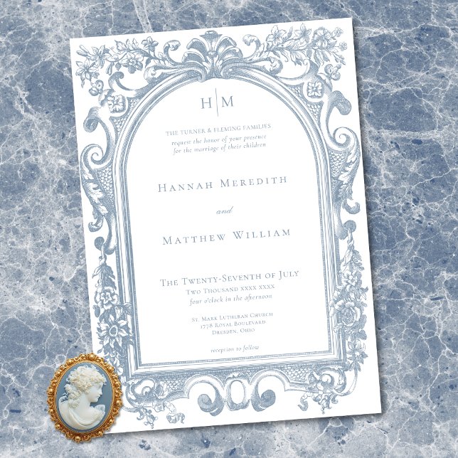 Convite Casamento Floral Arco Azul Clássico Elegante (Classic Elegant Blue Arch Floral Frame Wedding Invitation)