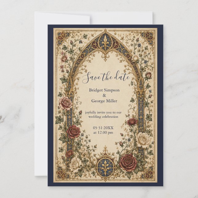 Convite Casamento Floral Arco Botânico Gótico Medieval (Frente)