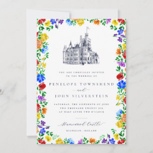 Convite Casamento Floral Arco-Íris Castelo Vintage Elegant
