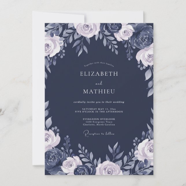 Convite Casamento Floral Ardósia da Meia-Noite (Frente)