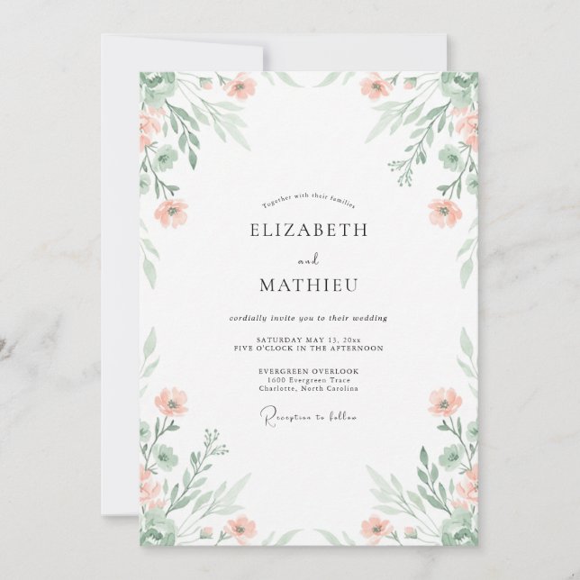 Convite Casamento Floral Arejado com Tons de Pêssego e Sal (Frente)