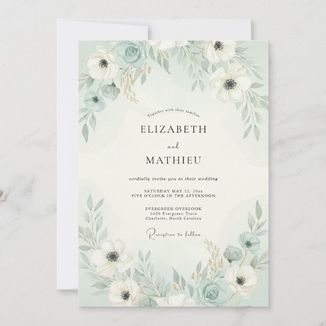 Convite Casamento Floral Arejado em Verde Menta (Frente)